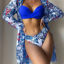 Conjunto Biquíni 3 Peças Feminino Cintura Alta Floral