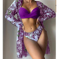 Conjunto Biquíni 3 Peças Feminino Cintura Alta Floral