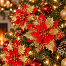 Flores de Natal para Árvore Vermelhas e Douradas com Glitter 14cm - Kit 20 Flores