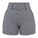 Short Feminino Cintura Alta Mesclado com Cinto Fixo e Bolsos