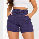 Short Feminino Cintura Alta Mesclado com Cinto Fixo e Bolsos