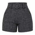 Short Feminino Cintura Alta Mesclado com Cinto Fixo e Bolsos