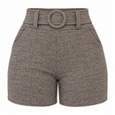 Short Feminino Cintura Alta Mesclado com Cinto Fixo e Bolsos